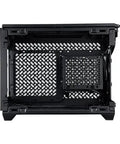 Side view of NR200P V3 Mini ITX Case Dope Compact Build With Top Mount 280mm Radiator, featuring mesh side panel and removable backplate.