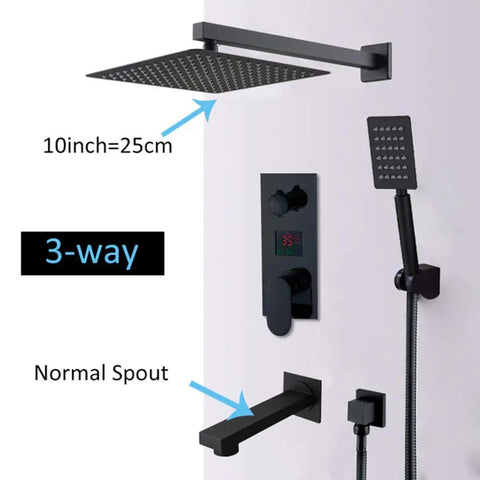 UMJIGF Led Digital Display Shower System Wall Mounted Concealed Shower Faucet Set Multifunction Matte Black Shower Combo Set with Shower Head, Handheld Shower, Tub Spout,10 Inch rain shower head with 3-way valve.