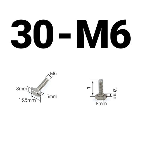 Nickel Plated Steel Hammer Head T Bolts M5 To M10 for 30 Aluminum Profile, M6 size, dimensions shown for precise fitting.