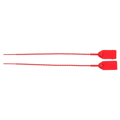 Red Plastic Tamper Seals With Self Locking Zip Ties For Fire Extinguishers Pull-Tite Security Tags Numbered Disposable Seals No Hassle 10 Inch 100 Pieces For Fire Safety Inspections And Luggage Security, shown in side view.