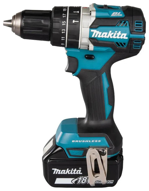 Heavy-Duty 18V Brushless Cordless Drill And Driver Combo Kit With Two 5.0Ah Lithium Batteries Fast Charger And Rugged Case, side view.