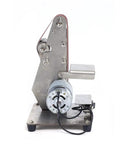 Heavy Duty Stainless Steel 100W Electric Belt Sander Featuring Variable 4500 To 9000 Rpm Settings For A Sweet Woodworking Polish And Fast Knife Grinding Jobs, side view showing motor and belt.