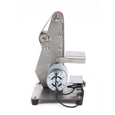 Heavy Duty Stainless Steel 100W Electric Belt Sander Featuring Variable 4500 To 9000 Rpm Settings For A Sweet Woodworking Polish And Fast Knife Grinding Jobs, side view showing motor and belt.
