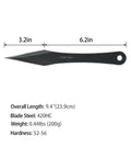 Dimensions and specifications of Six Pack 9.4 Inch No Spin Throwing Spikes Set in Durable 420HC Stainless Steel.