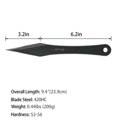 Dimensions and specifications of Six Pack 9.4 Inch No Spin Throwing Spikes Set in Durable 420HC Stainless Steel.