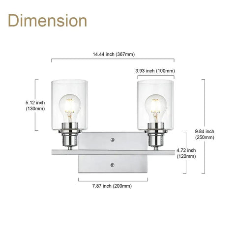 Dimensions of Chrome Finish 2 Light Industrial Indoor Wall Sconce For Bathroom Vanity With Clear Glass Shade Over Mirror