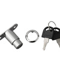 Sliding Door Lock For Closets And Display Cabinets, Zinc Alloy Plunger Cylinder With Keys, Rugged Cabinet Lock Hardware For Home Furniture, 23mm Cylinder, Bezel Style Closet Latch, shown with keys and bezel ring, bright chrome finish.