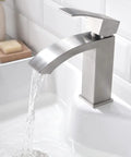 White Rectangle Ceramic Bathroom Vessel Sink And Brushed Nickel Waterfall Faucet Combo in use with water flowing