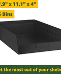 Heavy Duty 18 By 36 By 74 Inch Black Wire Shelving Rack With Fifteen Slanted Storage Bins, showing one black bin size 17.9" x 11.1" x 4".