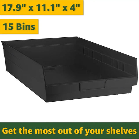 Heavy Duty 18 By 36 By 74 Inch Black Wire Shelving Rack With Fifteen Slanted Storage Bins, showing one black bin size 17.9" x 11.1" x 4".