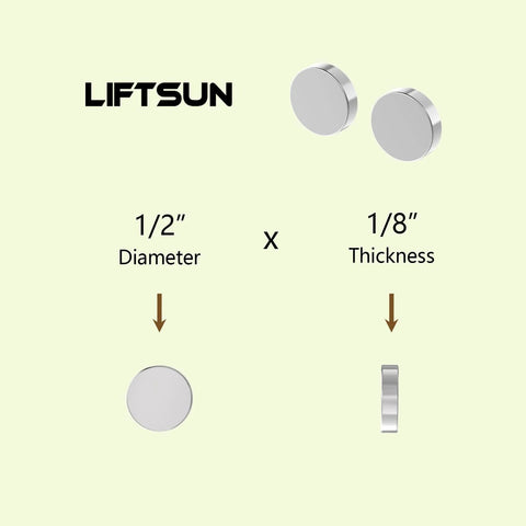 Two Liftsun neodymium disc magnets, 1/2 in diameter and 1/8 in thick, shown front and side views.