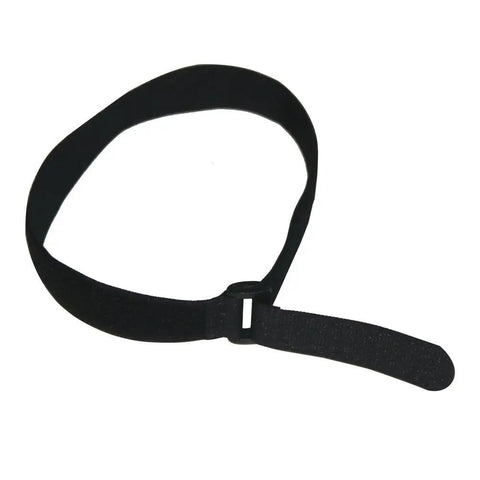 Close-up view of a single black strap from the 16 Pack 18 Inch Hook And Loop Nylon Cable Ties Reusable Black Straps With D Ring Buckle.