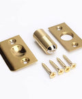Stainless Steel Adjustable Roller Ball Door Catch Lock With Brass Finish includes catch, strike plates, and screws for easy installation.