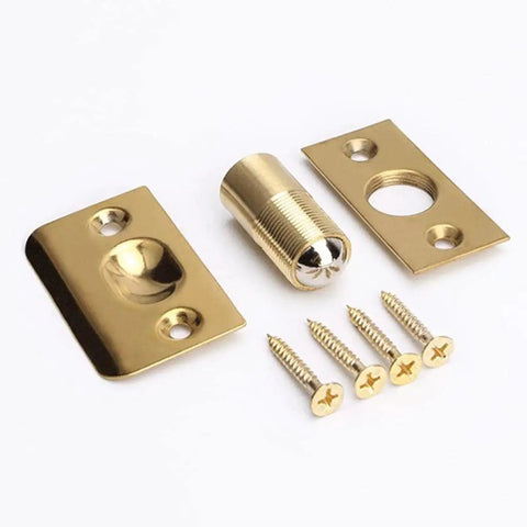 Stainless Steel Adjustable Roller Ball Door Catch Lock With Brass Finish includes catch, strike plates, and screws for easy installation.
