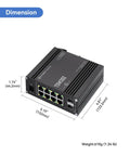 8 Port Industrial PoE Plus Switch With 2 SFP Uplinks, L2 Plus Managed, VLAN QoS Static Routing, dimensions for industrial use.