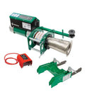 Heavy Duty Greenlee GX10 10k Tugger With Chain Mount Offers Dual Speed Motor For Serious Cable Pulling Jobs And Peak Force Plus Real Time Tracking, showing electric cable puller with accessories.