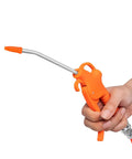 Kickass 5 Inch Air Blow Gun Featuring An Angled Bent Nozzle And Comfortable Pistol Grip held in hand, orange plastic body.
