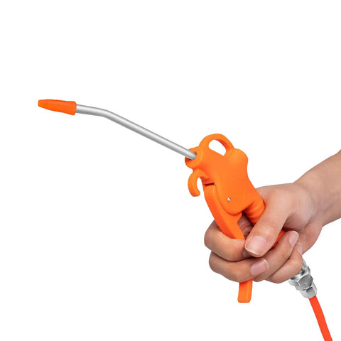 Kickass 5 Inch Air Blow Gun Featuring An Angled Bent Nozzle And Comfortable Pistol Grip held in hand, orange plastic body.