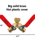 Heavy Duty Garden Hose Y Valve Splitter With Stainless Steel Long Handle And Brass Body Two Way Water Adapter Three Quarter Inch GHT Thread High Flow Full Port Spigot Splitter For Outdoor Garden Use brass Y splitter with red handles, 6.7 in wide