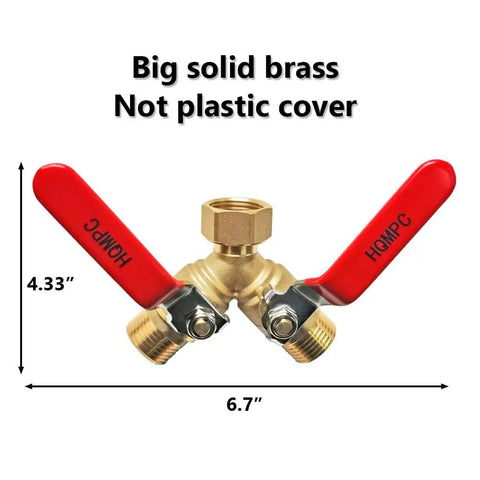 Heavy Duty Garden Hose Y Valve Splitter With Stainless Steel Long Handle And Brass Body Two Way Water Adapter Three Quarter Inch GHT Thread High Flow Full Port Spigot Splitter For Outdoor Garden Use brass Y splitter with red handles, 6.7 in wide