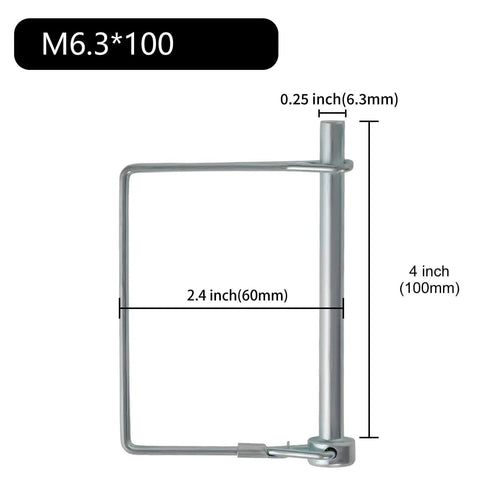 Two Pack Square Trailer Pins One Quarter Inch By Four Inch Heavy Duty Hitch Pins For Farm Trailers Towing And Lawn Equipment Made From Spring Steel With Corrosion Resistant Finish For Durable Quick Secure Attachments, shown with measurements