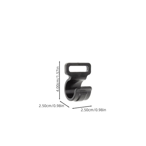 Close-up of a single black plastic tent hook with dimensions, part of a Ten Pack Large Plastic Camping Tent Hooks Sturdy Hanging Organizer Hooks for Tent Poles and Outdoor Gear, Ideal For Hanging Clothes, Bags, Cookware, Flags, Lanterns And More During Camping And Adventure Trips.