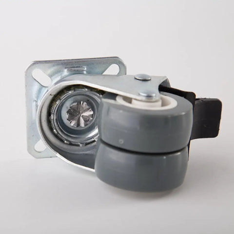 Heavy Duty Twin Caster Wheels with Plate for Furniture Carts, showing a gray dual wheel with locking mechanism.