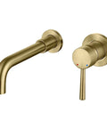 Wall Mount Brushed Gold Bathroom Faucet With Single Handle 2 Hole Modern Sink Faucet Includes Rough In Valve For Vanities And Wash Basins Premium Construction And Sleek Contemporary Look, brushed gold spout and handle view