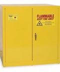 Rock Solid 60 Gallon Flammable Liquid Safety Cabinet Double Door Manual Close Rust Resistant Steel Container Heavy Duty Chemical Vault Built Tough Industrial Workhorse No Sweat Setup yellow exterior with flammable warning labels