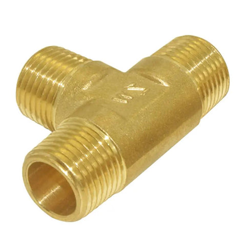 Front view of Brass Pipe Fitting Barstock Tee 3 Way NPT Half Inch Tee Pack Of Two for DIY home plumbing projects.