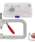 Top-Notch Hand Press Pearl Setting Machine For Crafting with red handle and pearl rivets box for jewelry making projects.