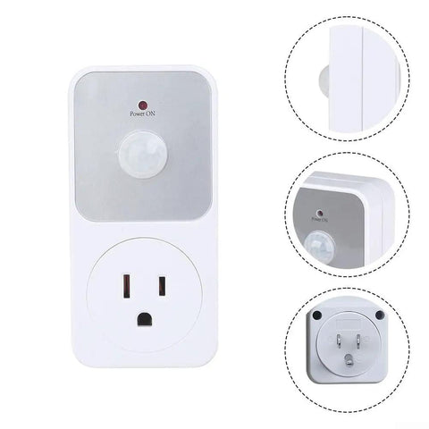 Motion Activated Power Socket Switch With PIR Sensor, 110V Infrared Outlet, 1800W Load Capacity For Garage, Hallway And Indoor Security Lighting, Auto On When Motion Detected, Auto Off After Inactivity, White front view with PIR sensor