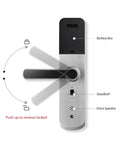 Rock Solid Hella Weatherproof Tuya WiFi Smart Door Lock With Fast Fingerprint Scan and Top Shelf Knock Sensor Doorbell Silver close-up showing battery box and voice speaker.