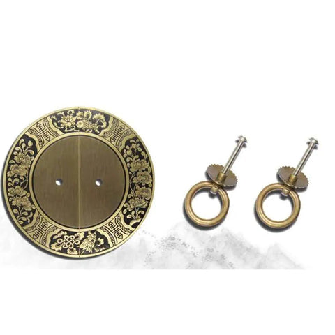 Vintage Bronze Barn Door Handle Set For Cabinets And Closets, Round Copper Knocker Pulls, ornate circular plate, 28cm screws