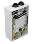 Inside view of Top Shelf Natural Gas Tankless Water Heater Delivering 199K BTU Output with piping and wiring.