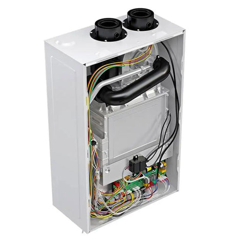 Inside view of Heavy Duty Liquid Propane Tankless Water Heater Brings The Heat With Eight Point Four Five Gallons Per Minute on tap.