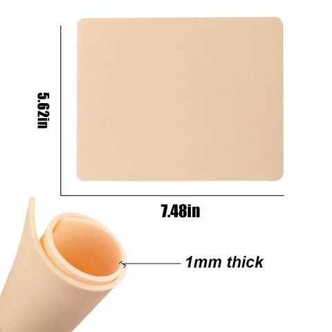 Tattoo Practice Skin Kit With Transfer Paper 66-Piece Set Including Fake Skins, 5.62in x 7.48in silicone pad dimensions.