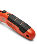 Close-up of Auto Retracting Safety Utility Knife with Quick Change Blades, Thumb Bridge Grip, highlighting the handle design.