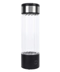 Hydrogen Water Generator Bottle With USB Rechargeable Ionizer Portable 16 Oz Hydration On The Go LED Colorful Light Easy To Use Office Gym Travel Water Ionizer Bottle shown with black and metallic lid, clear borosilicate body.