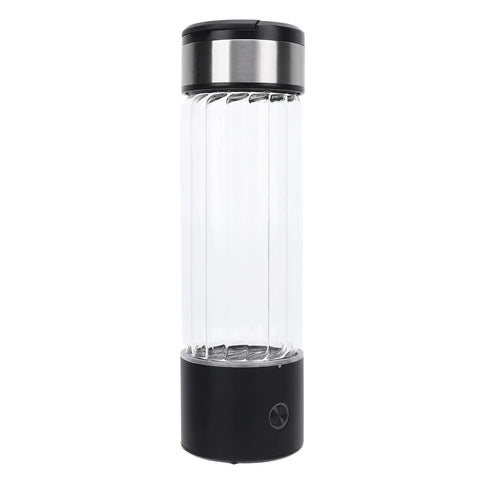 Hydrogen Water Generator Bottle With USB Rechargeable Ionizer Portable 16 Oz Hydration On The Go LED Colorful Light Easy To Use Office Gym Travel Water Ionizer Bottle shown with black and metallic lid, clear borosilicate body.