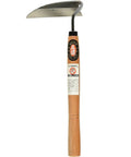 High Carbon Steel Weeding Sickle With Sharp Edge, Japanese hand-forged tool with 5-inch blade and 13-inch wooden handle for garden work.