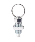 Badass Galvanized And Stainless Steel Indexing Plunger Pins With Ridiculously Slick Pull Ring Knobs For Lightning Quick Positioning On Factory Equipment 2 Pack M10 M12 M16 Sizes - close-up of index pin with pull ring.