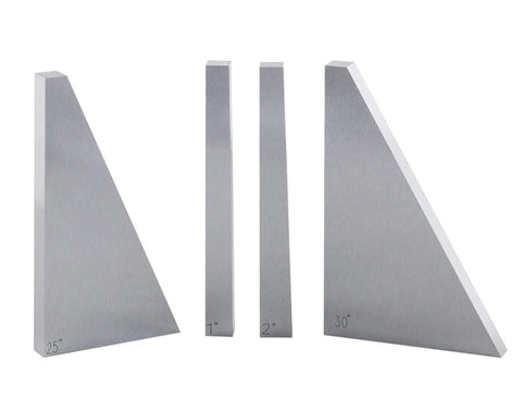 Four steel precision angle blocks showing 25°, 1°, 2°, and 30° angles.
