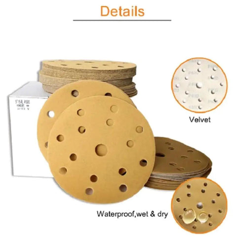 Heavy Duty 6 Inch Hook and Loop Sanding Discs With 15 Holes For Quick Dust Collection Aluminumoxide Abrasive Pads showing different grits and materials.
