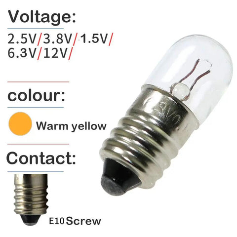 25 Pack E10 Mini Light Bulbs 6.3V 0.15A Incandescent Tungsten Filament Indicator Lamp For Flashlights And Small Tools Old Fashioned Warm Yellow Glow Durable And Easy Replacement E10 screw bulb shown with warm yellow glass