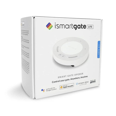 Smart Gate Opener Lite With App Control And Wireless Sensor box front, works with Apple HomeKit, Alexa, Google Assistant, IFTTT