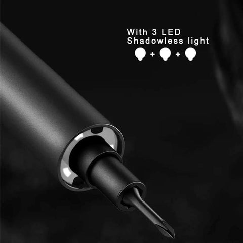 Close-up of 64 In 1 Mini Electric Screwdriver Kit With Dual Mode Cordless Lithium Battery LED Shadowless Light Slim Aluminum Pen Style Grip.