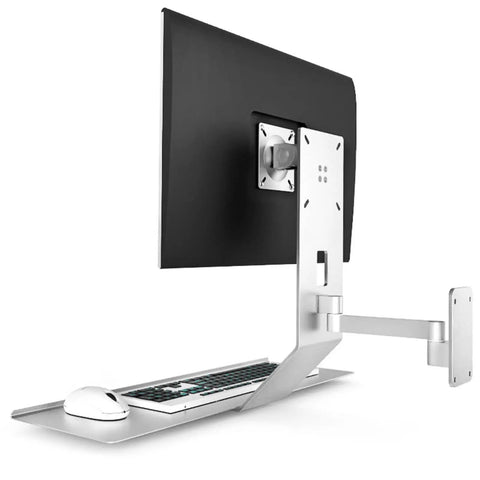 Universal Monitor Wall Mount With Smooth Swivel Adjustment For Effortless Office Desk Organization showing a silver steel bracket supporting a monitor.