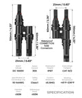 4 Pack Solar Y Connectors For Parallel Panel Wiring M To FF And F To MM with dimensions and specifications shown in diagram.