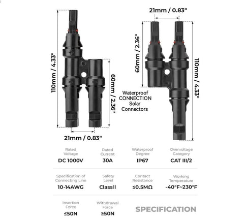 4 Pack Solar Y Connectors For Parallel Panel Wiring M To FF And F To MM with dimensions and specifications shown in diagram.
